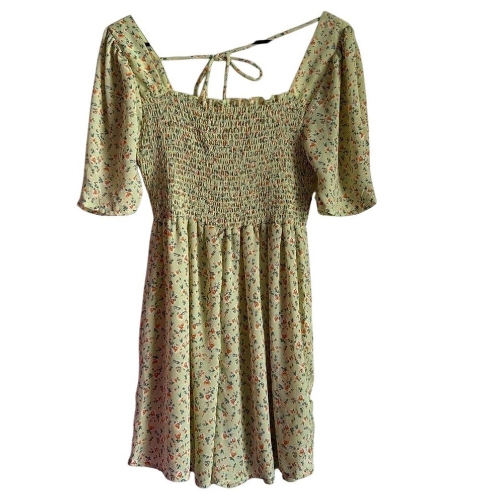 In The Sky Sage Green Floral Smocked Romper Puff Sleeve Square Neck Large